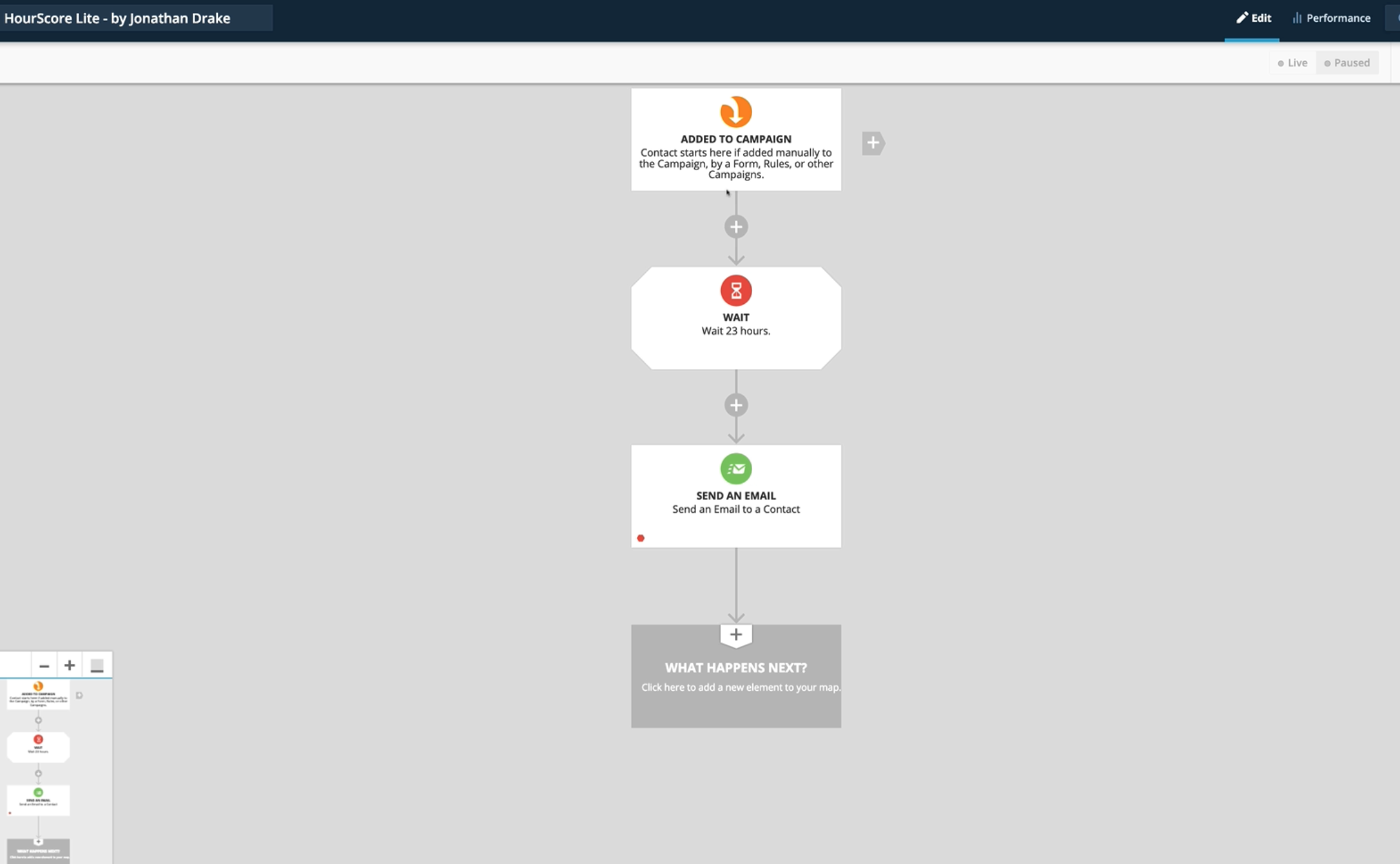 HourScore Lite workflow in Drip: trigger on subscribe, send Email #1, delay 23 hours, send Email #2, delay 24 hours, send Email #3.