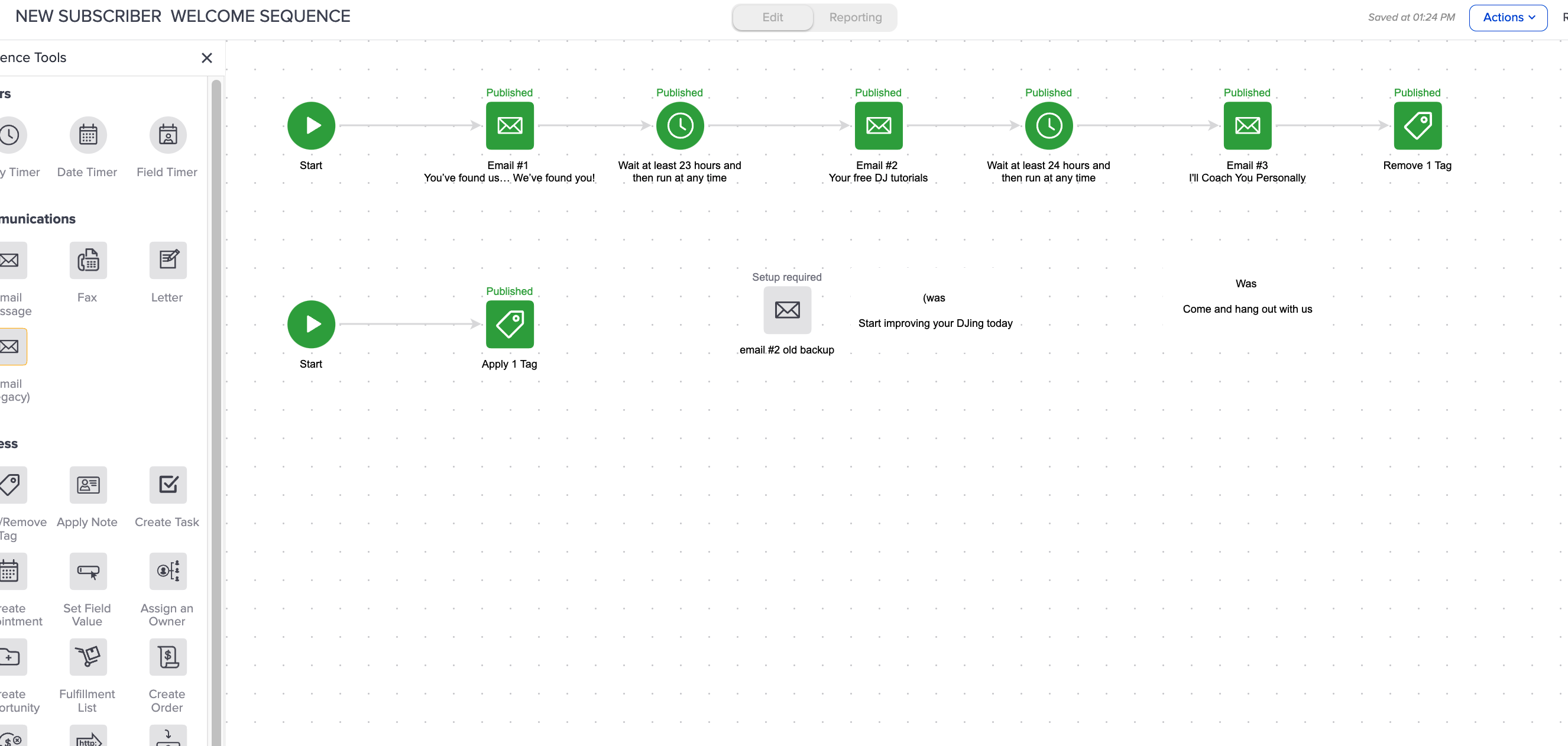 HourScore Lite-style welcome sequence in Keap: Start → Email #1 → Wait at least 23 hours → Email #2 → Wait at least 24 hours → Email #3 → Remove Tag.
