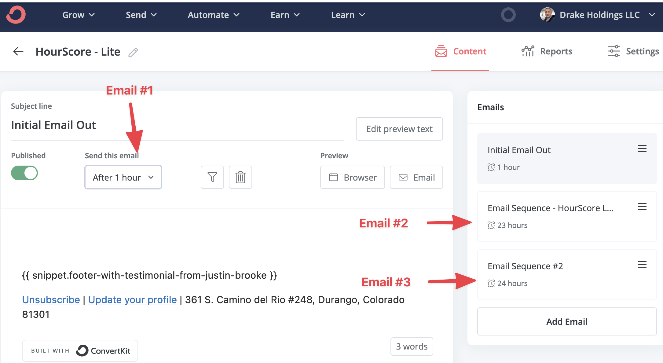 HourScore Lite sequence in Kit (ConvertKit): Initial Email Out (After 1 hour), Email Sequence (23 hours), Email Sequence #2 (24 hours).