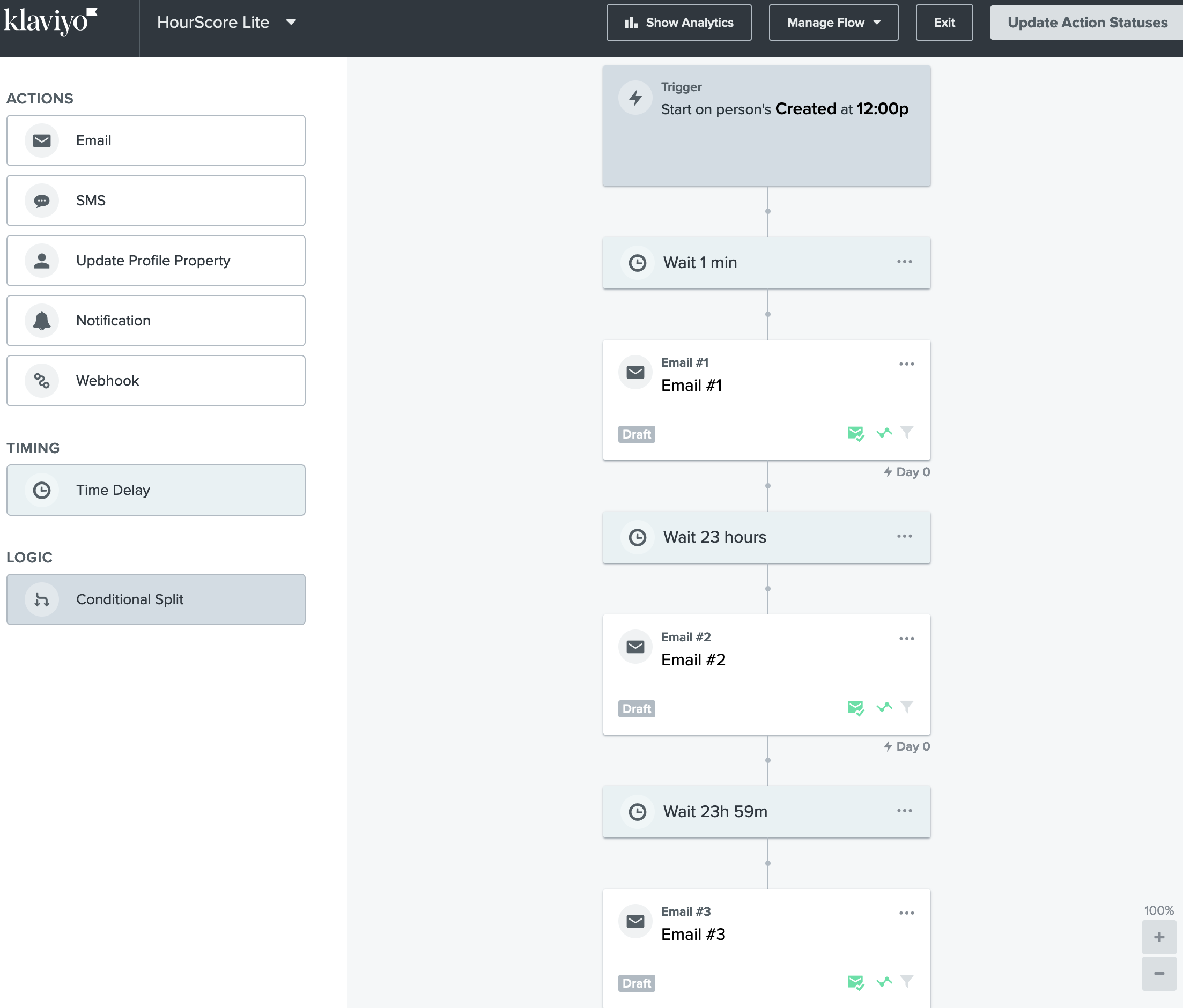 HourScore Lite flow built in Klaviyo: Trigger on Created at 12:00p, Wait 1 min, Email #1, Wait 23 hours, Email #2, Wait 23h 59m, Email #3.